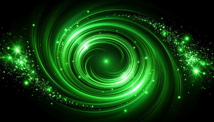 Glowing green spiral vortex on black background, speckled with bright particles