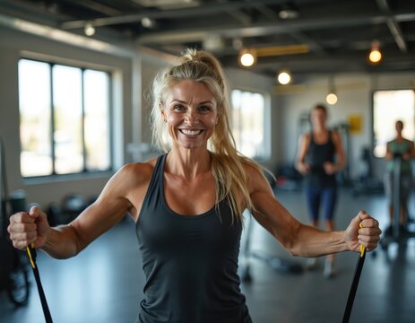Fit senior woman with blonde ponytail exercises with resistance bands in gym. Smiling mature female engages in strength training, promoting healthy fitness, active lifestyle. Women exercise in