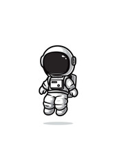 A cartoon astronaut with a round helmet and a playful expression is seen floating in a vast, empty space.
