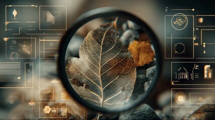 Leaf under magnifying glass with digital interface in background   - Powered by Adobe