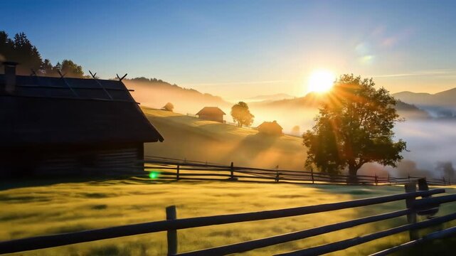 Serene Sunrise Over Rural Village Landscape with Traditional Huts and Misty Hills, Perfect for Celebrating Mim Kut Festival with Peace and Tranquility