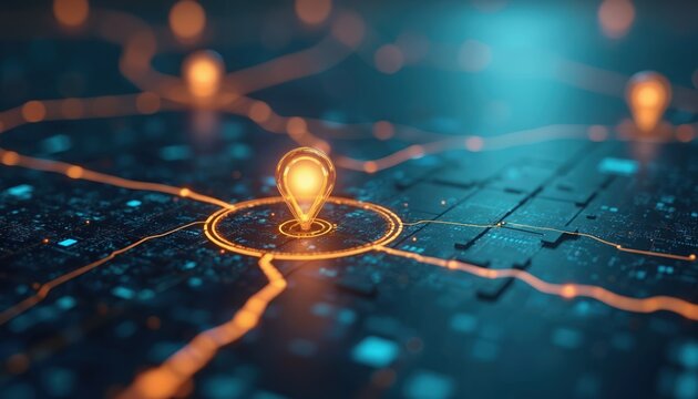 Digital map visualization shows AI technology, GPS innovation for future transport logistics. Location pins highlight delivery services network. Teal, orange color scheme creates futuristic tech