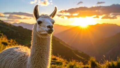 Obraz premium Llama Sunset Mountain Portrait
