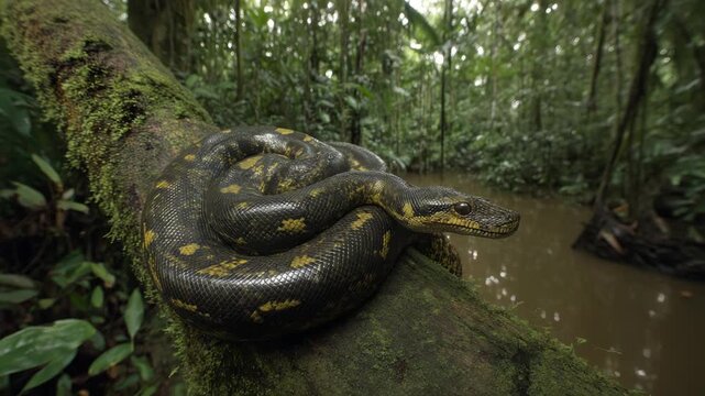 Spectacular Anaconda Coiled on a Mossy Branch in the Amazon Rainforest Riverbank