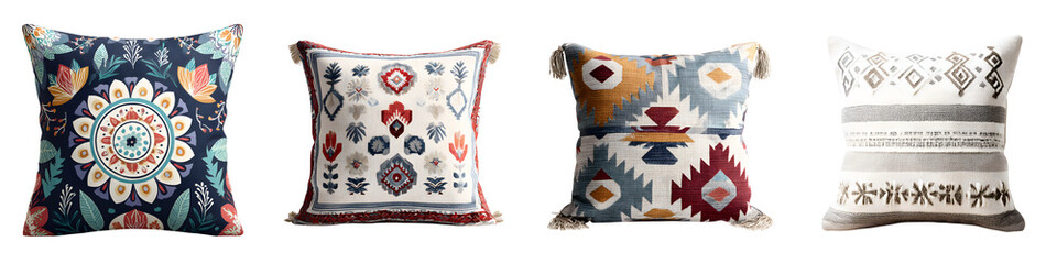 Collection of Decorative Pillows with Boho and Ethnic Patterns on White Background