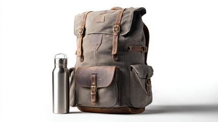 Vintage backpack with leather straps, metal buckle, and stainless steel water bottle, isolated on white background