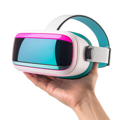 Hand Holding Modern Futuristic VR Headset with Neon Pink and Cyan Visor &ndash; Isolated on Transparent Background
