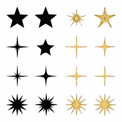 A collection of black and gold star illustrations with sparkle and burst effects