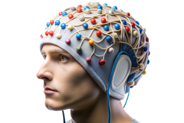 Realistic eeg cap on a person's head for brainwave monitoring and neuroscience research transparent background