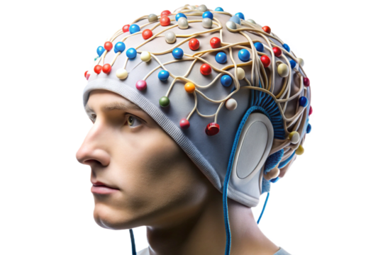Realistic eeg cap on a person's head for brainwave monitoring and neuroscience research transparent background