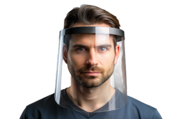 Realistic man wearing transparent protective face shield with transparent background