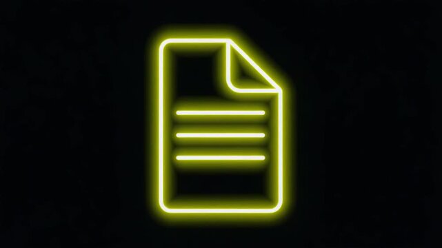 Neon document icon on black background with glowing effect  