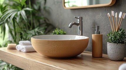 Fototapeta premium Wooden bowl bathroom sink