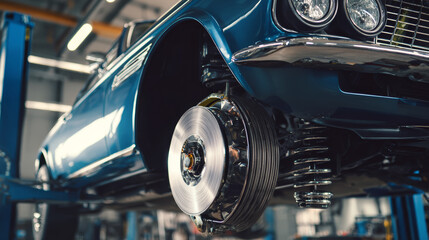 Classic car blue workshop disc brake suspension chrome restoration maintenance vintage automotive