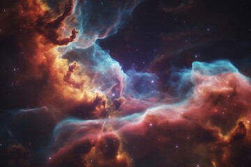 Fototapeta premium Vibrant nebula in deep space, a cosmic cloud of gas and dust illuminated by distant stars, showcasing the beauty of the universe