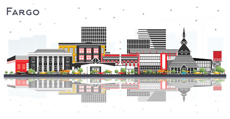 Obraz premium Fargo North Dakota City Skyline with Color Buildings and reflections Isolated on White. Fargo USA Cityscape with Landmarks. Business Travel and Tourism Concept with Modern Architecture.