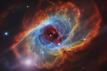 Stunning view of a colorful nebula resembling an eye in deep space, with swirling gas and dust illuminated by stars