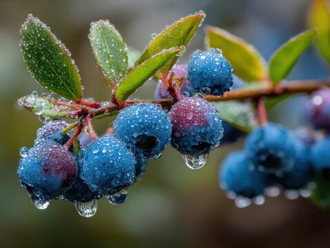 Closeup of Blue Berries Covered in Frost and Water Droplets - Powered by Adobe
