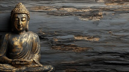 Mindfulness meditation for mental health, golden Buddha statue in serene contemplation against weathered wooden background.