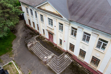Top view of the facade of an old school built around 1949 in the Stalinist Empire style, Obninsk,...