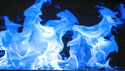 Abstract blue flames dance in swirling patterns against a dark background