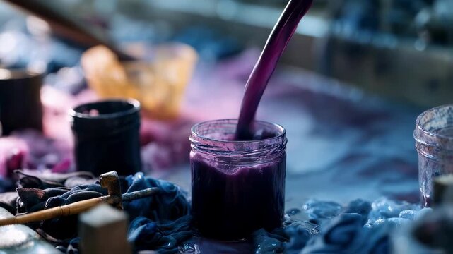 Focused medium shot of dyeing process using plantbased colors on fabric blurred surrounding tools underline commitment to sustainable fashion practices.