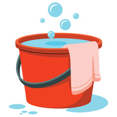 Bucket of water with washing rag clean home equipment vector illustration