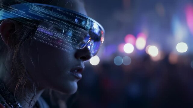 Close medium shot of smart AR glasses syncing realtime song lyrics in multiple languages highlighting translation interface with blurred festival audience behind.