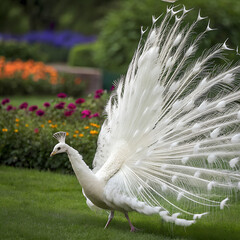 A majestic white peacock spreading its feathers in full display, standing in a lush green garden with colorful flowers in the background, clear and detailed.