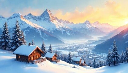 Watercolor illustration of serene ski resort in snowy mountains during sunset. Log cabins nestled on slope with pine trees. Warm glow illuminates landscape with distant village. Offers peaceful