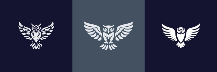 Three distinct owl designs feature intricate details and different poses on a dark backdrop. Each owl displays various artistic interpretations and styles.