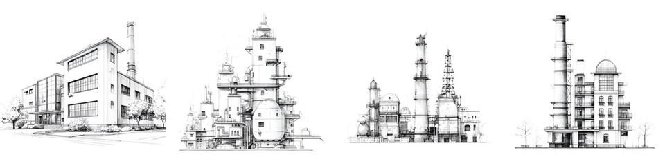Fantasy Industrial Building Illustrations Isolated on White