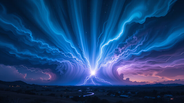 A cosmic storm radiating waves of pulsating blue and purple energy across the sky