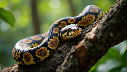 Close-up of Carpet Python snake coiled on tree branch. Scales display striking pattern of yellow, brown, black, providing natural camouflage. Reptile head detailed with bright eyes, hinting at