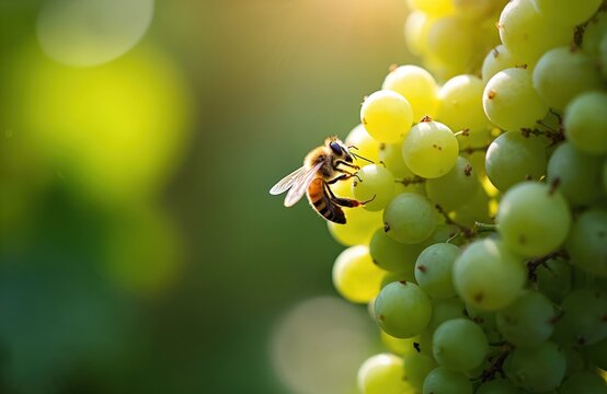 Close-up of a bee on a cluster of unripe green grapes in a garden. Sunlight illuminates the fuzzy insect and plump fruit. This image captures nature process of pollination in a vineyard setting.