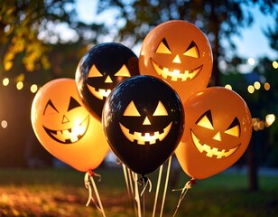 Glowing jack-o'-lantern balloons outdoors at dusk