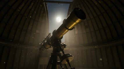 Vintage telescope in an observatory at night.