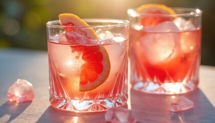 Two elegant glasses hold refreshing pink cocktails with ice, grapefruit garnish, bathed in warm sunlight. Crystal glassware enhances vibrant citrus beverage, perfect for summer celebrations, parties,