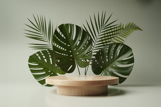A round wooden podium or display stand is set against a soft grey background, adorned with a vibrant arrangement of large green tropical leaves and delicate ferns - Powered by Adobe