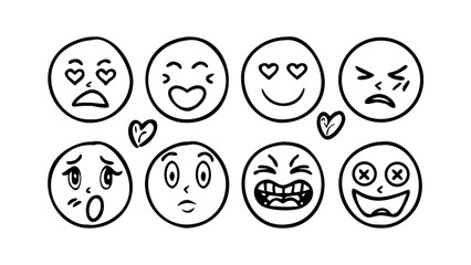 Set of handdrawn emoji faces with various expressions collection of cute cartoon characters for social media and messaging