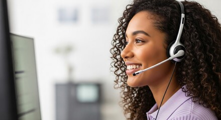 Friendly customer service agent assisting clients with headset on