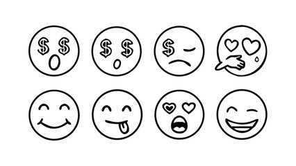 Set of handdrawn emoji faces with different expressions, including happy, sad, love, money, and other emotions in vector format