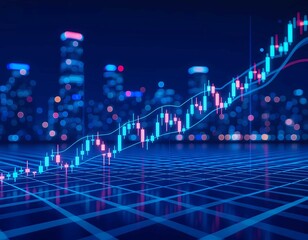 Modern professional finance investment graph showing rising line, abstract neon blue background, stock market visualization