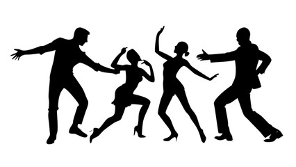 Silhouette of four people dancing, two men and two women, , capturing a lively social dance scene with coordinated movements and joyful expressions