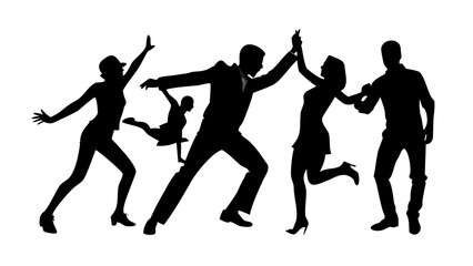 Silhouette of five people dancing and having fun together, enjoying the music and the party in a club or at an event