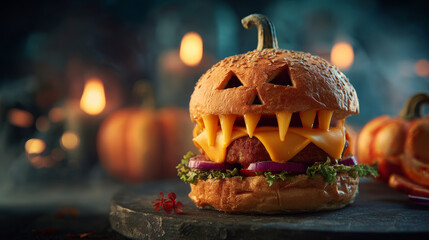 Halloween burger with pumpkin bun cheddar cheese lettuce onion spooky face candlelight autumn mood festive creative food