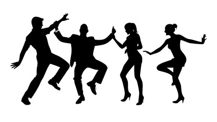 Silhouette of four people dancing and having fun together, enjoying the music and the party in a club or at an event