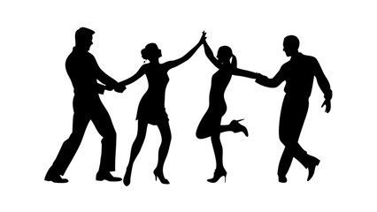 Silhouette of four people dancing, two couples holding hands and having fun at a party or social event in a club