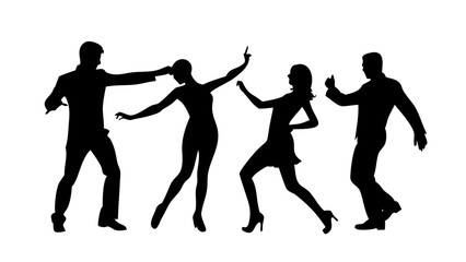 Silhouettes of four people dancing together, , capturing the energy and joy of a lively party or celebration with friends
