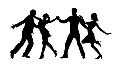 Silhouette of four people dancing, two couples holding hands and having fun at a party or social event in a club